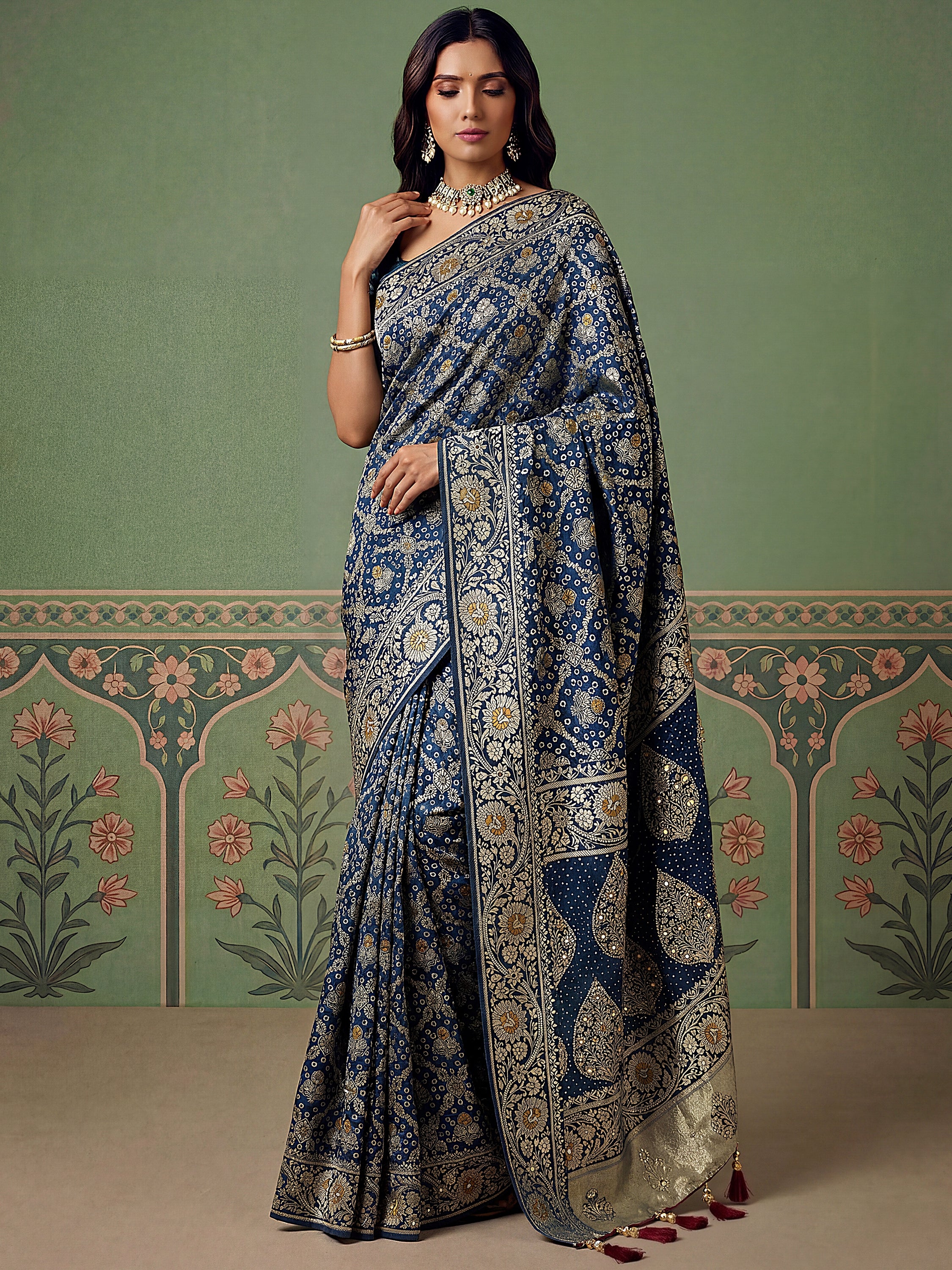 Classic Navy Blue Banarasi Work Silk Engagement Wear Saree With Blouse