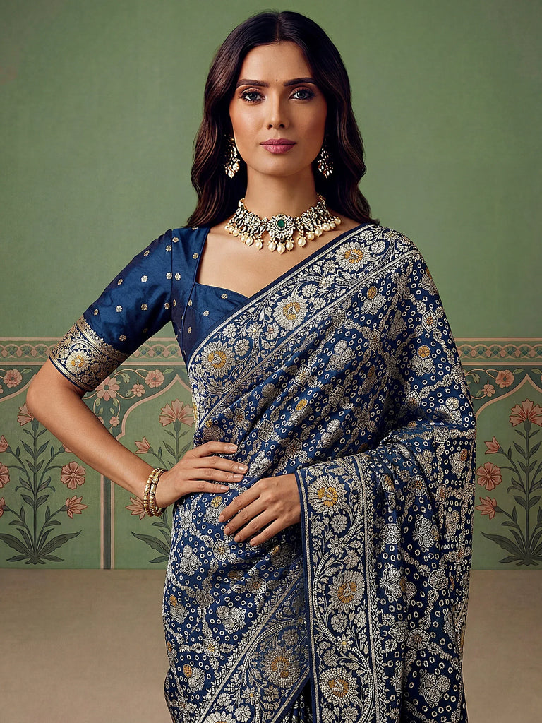 Classic Navy Blue Banarasi Work Silk Engagement Wear Saree With Blouse