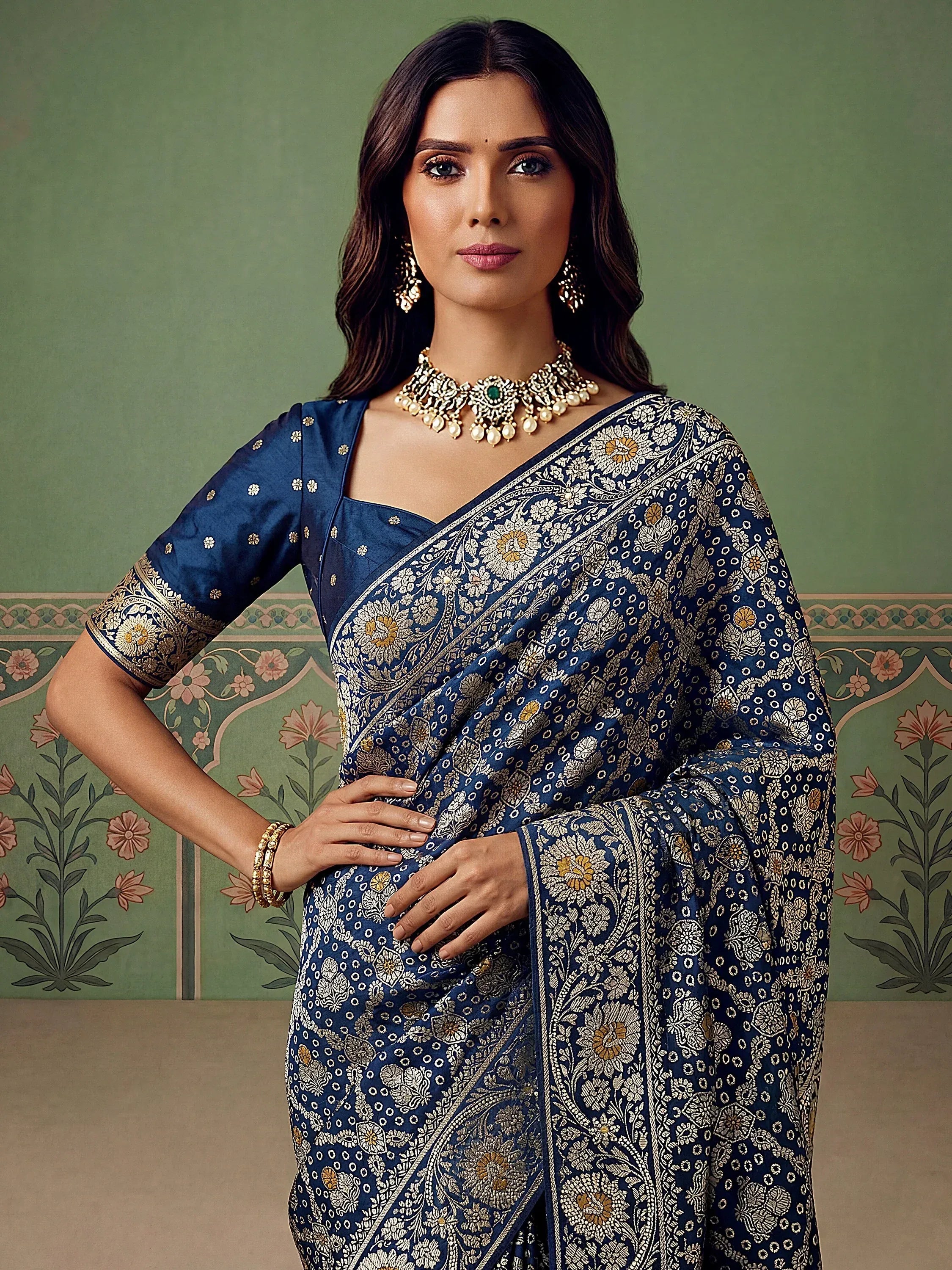 Classic Navy Blue Banarasi Work Silk Engagement Wear Saree With Blouse