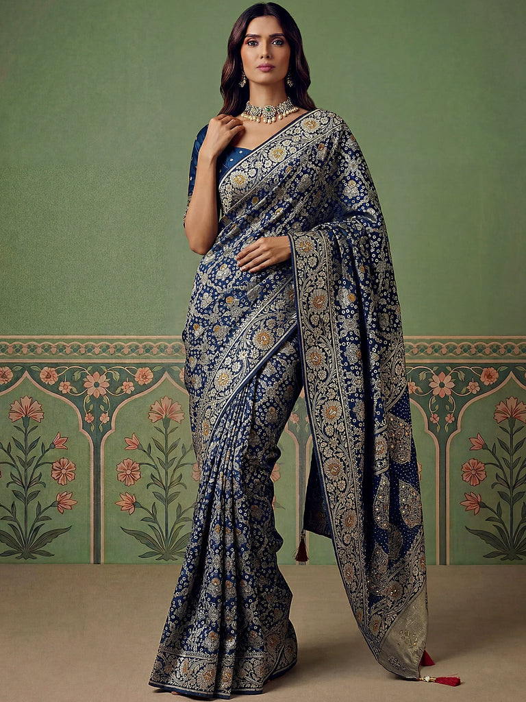 Classic Navy Blue Banarasi Work Silk Engagement Wear Saree With Blouse