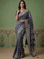 Classic Navy Blue Banarasi Work Silk Engagement Wear Saree With Blouse