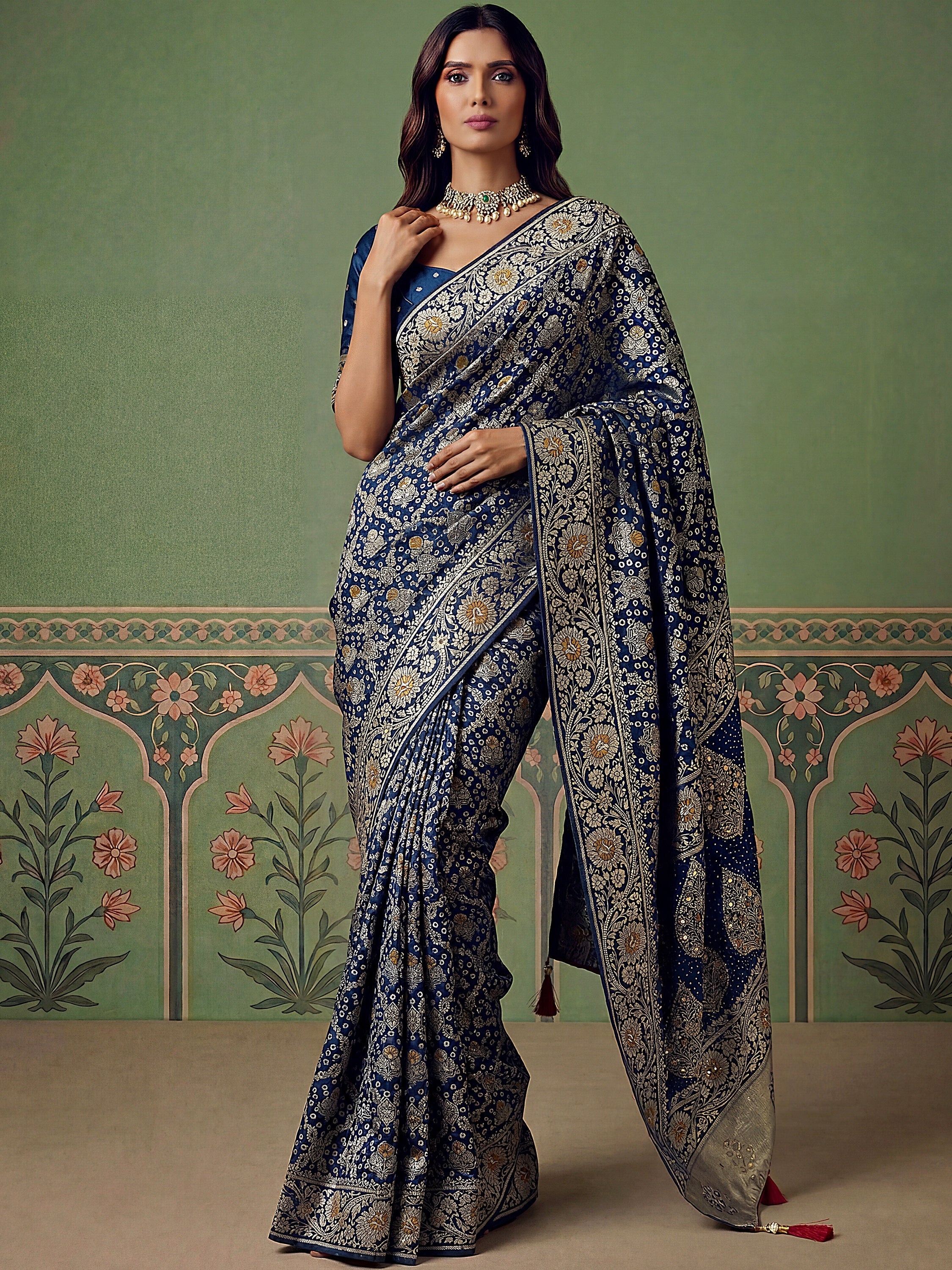 Classic Navy Blue Banarasi Work Silk Engagement Wear Saree With Blouse