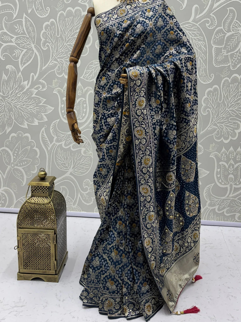 Classic Navy Blue Banarasi Work Silk Engagement Wear Saree With Blouse