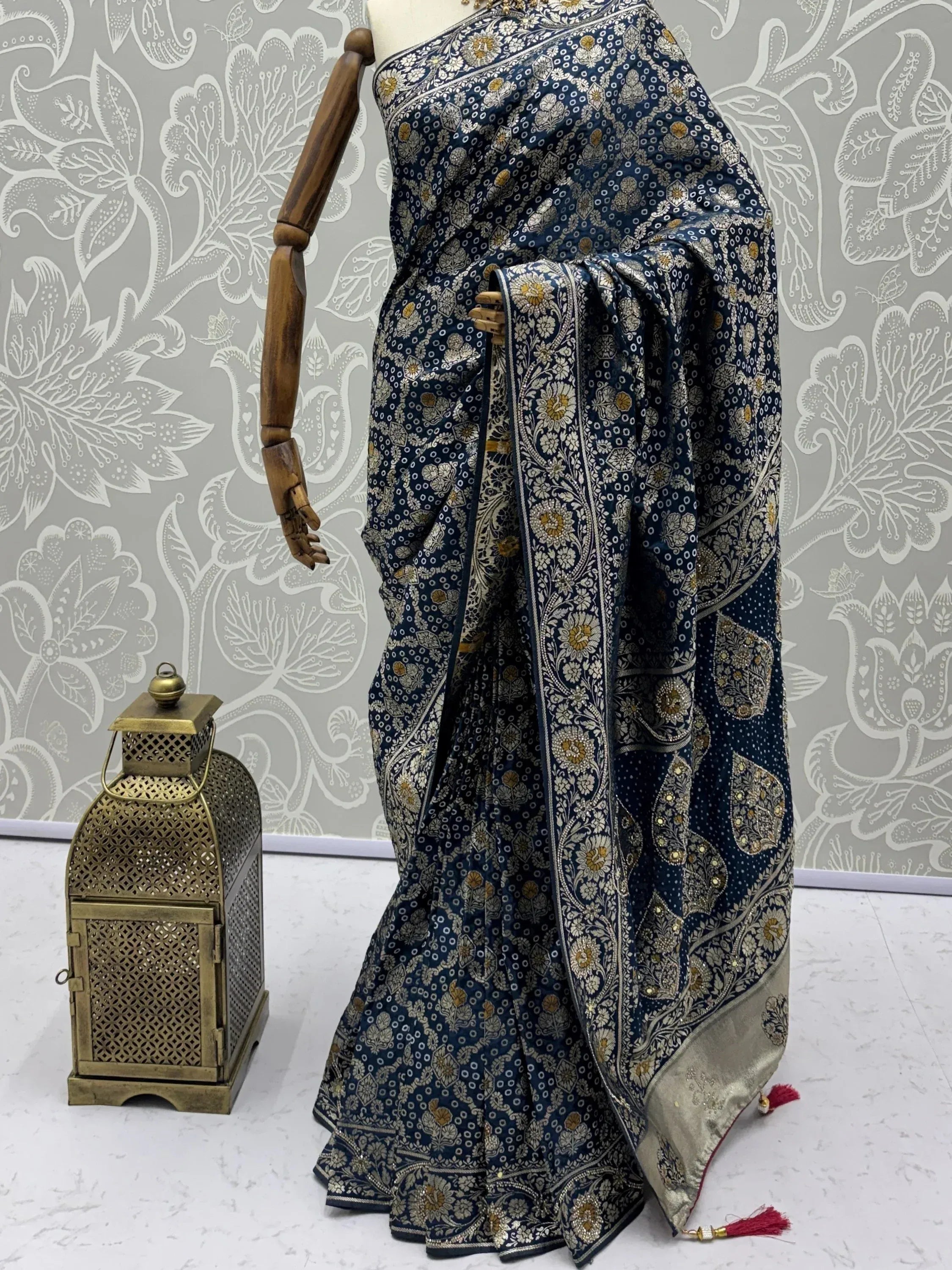 Classic Navy Blue Banarasi Work Silk Engagement Wear Saree With Blouse