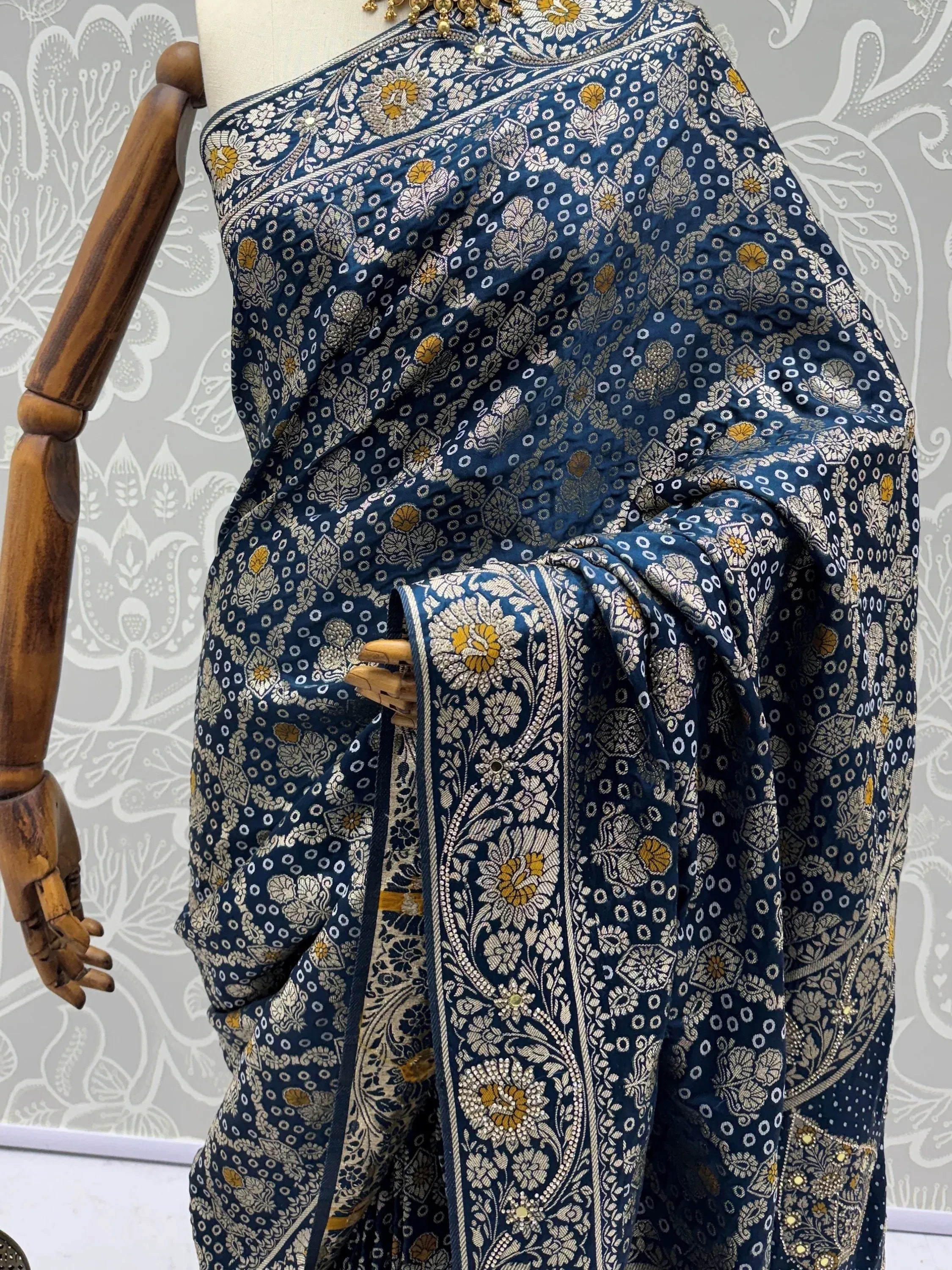 Classic Navy Blue Banarasi Work Silk Engagement Wear Saree With Blouse