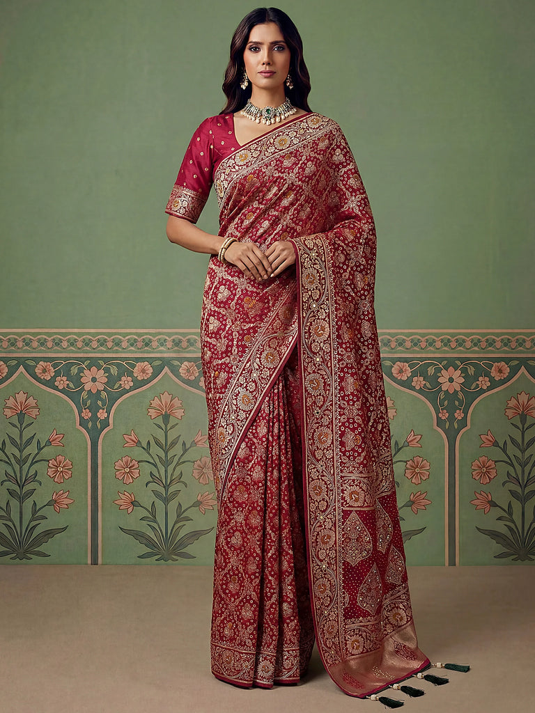 Fascinating Rani Pink Zari Work Silk Wedding Wear Saree With Blouse