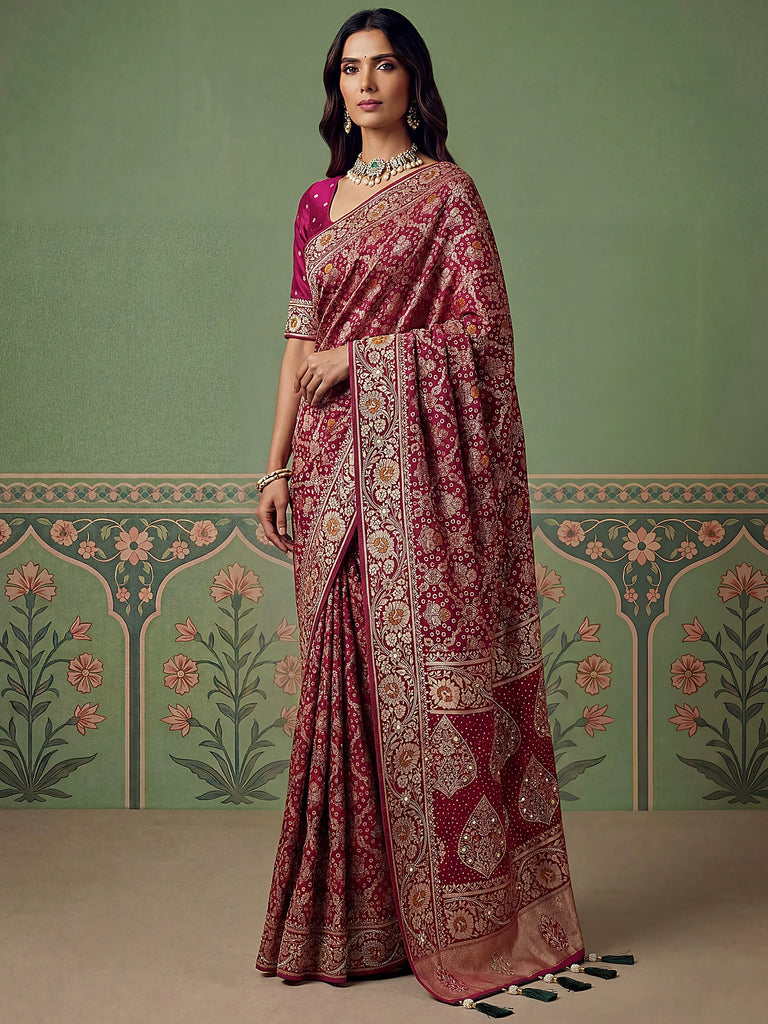 Fascinating Rani Pink Zari Work Silk Wedding Wear Saree With Blouse