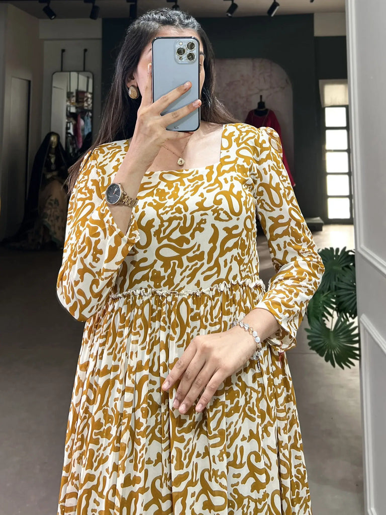 Mesmerizing Mustard Yellow Digital Printed Georgette Event Wear Gown