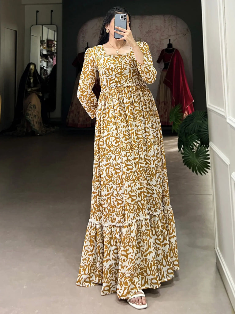 Mesmerizing Mustard Yellow Digital Printed Georgette Event Wear Gown