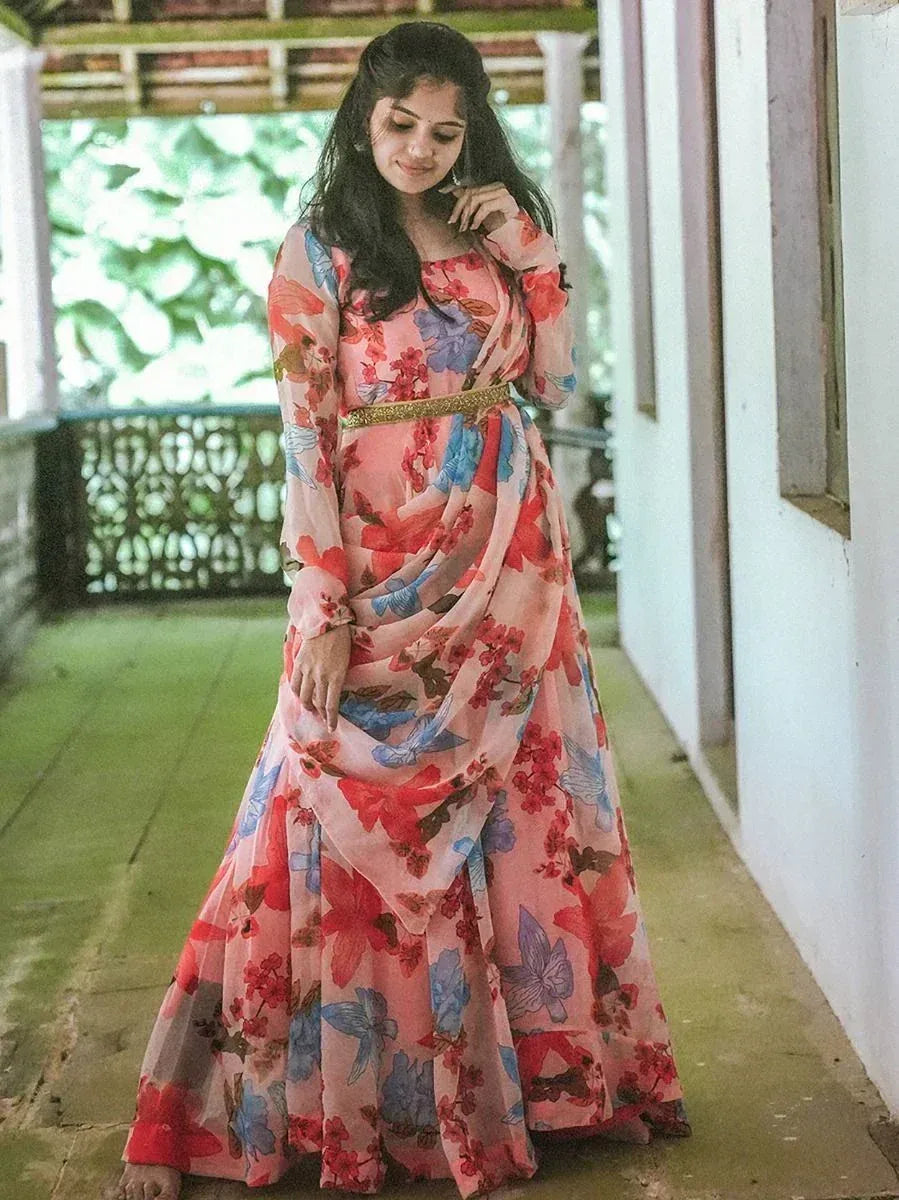 Floral print ethnic gown with gold belt, perfect for Indian occasions and festive wear