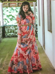 Fascinating Peach Floral Print Georgette Ready-to-wear Party Gown