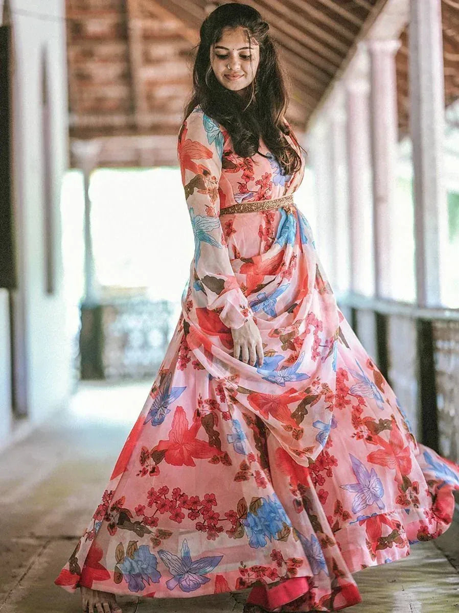 Floral print ethnic gown with long sleeves and waist belt, perfect for Indian occasions