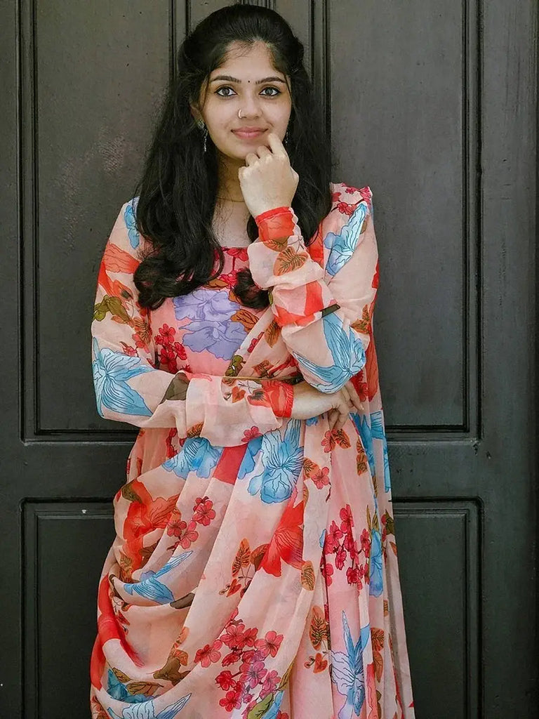 Fascinating Peach Floral Print Georgette Ready-to-wear Party Gown