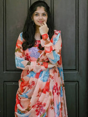 Fascinating Peach Floral Print Georgette Ready-to-wear Party Gown