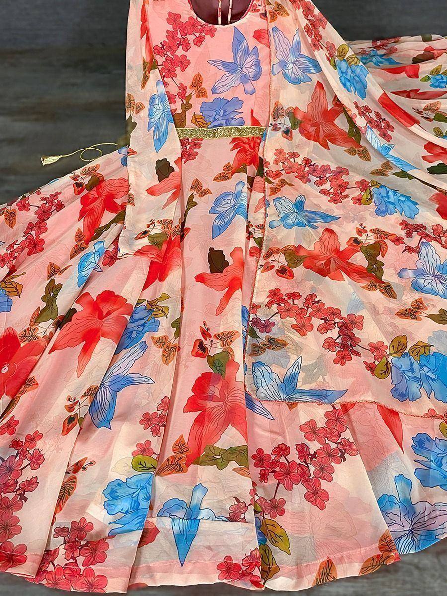 Pink floral print ethnic gown with blue and red flowers, perfect for Indian occasions