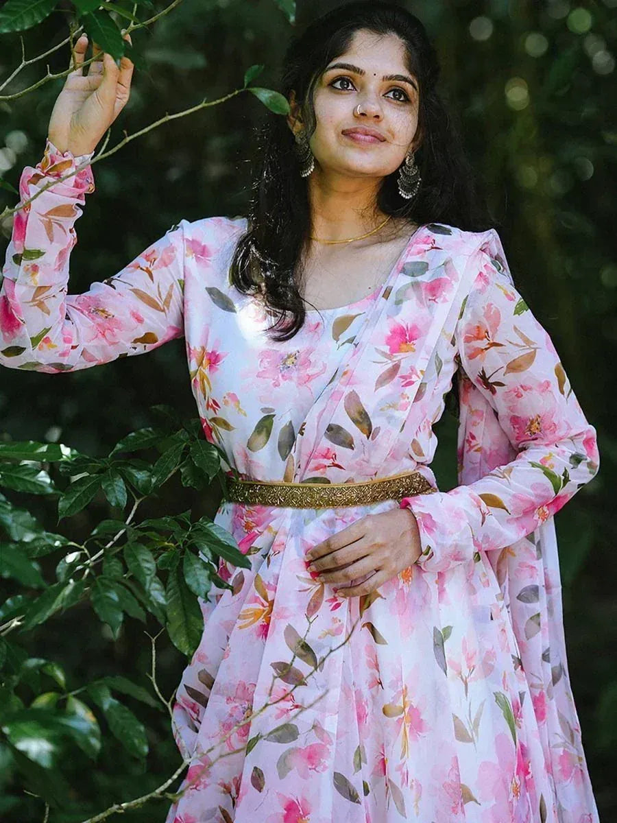 Pink floral ethnic gown with gold belt, perfect for Indian occasions and festive wear