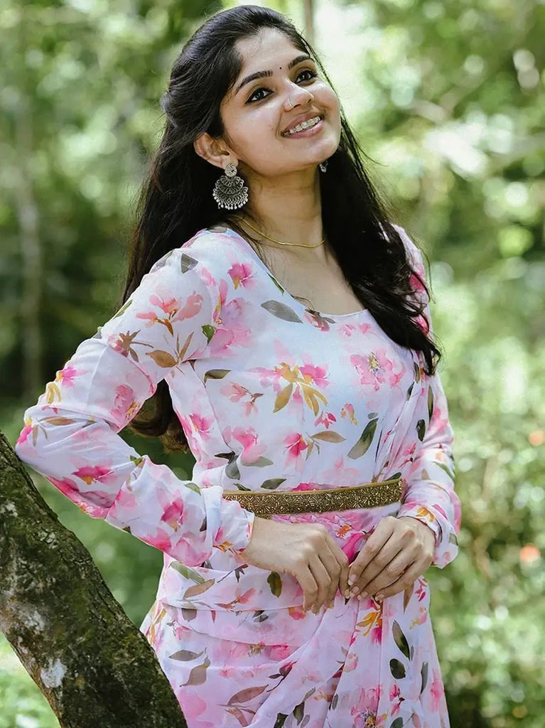 Sumptuous Pink Floral Print Georgette Ready-to-wear Party Gown