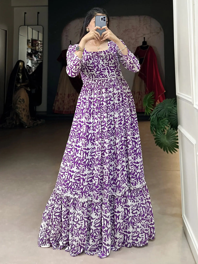 Fascinating Purple Digital Printed Georgette Casual Wear Gown