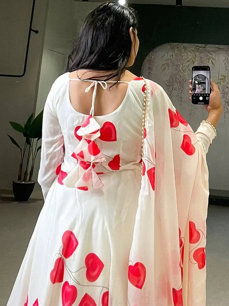 Gorgeous White Floral Printed Silk Gown With Dupatta