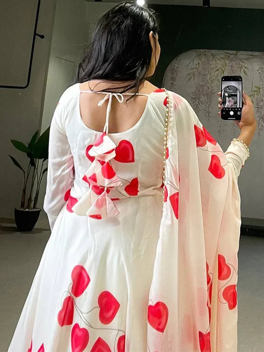White ethnic gown with red heart print, back tie detail, and sheer dupatta for women