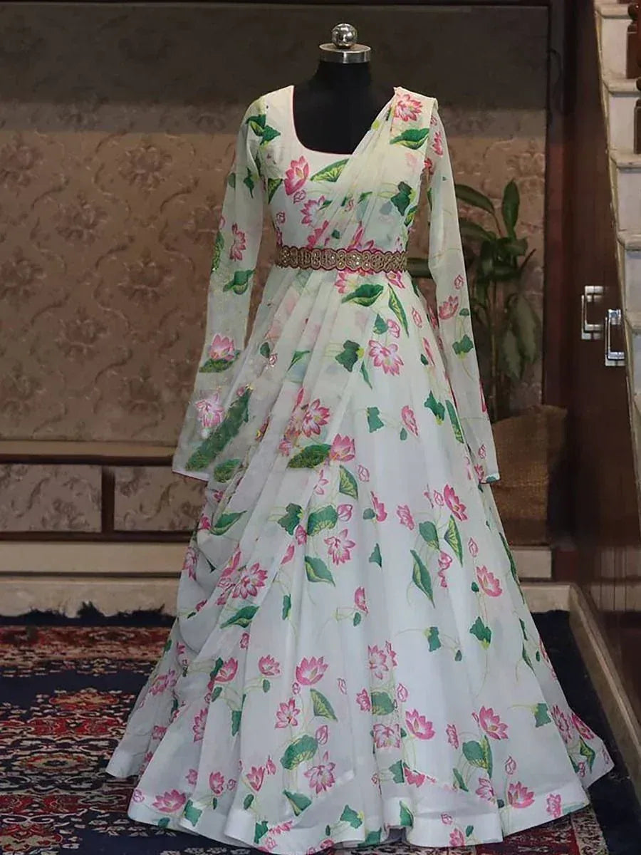 White floral print Indian ethnic gown with long sleeves and decorative belt