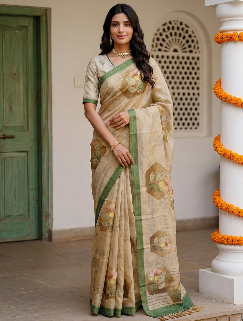 Adorable Beige Floral Printed Silk Traditional Saree With Blouse