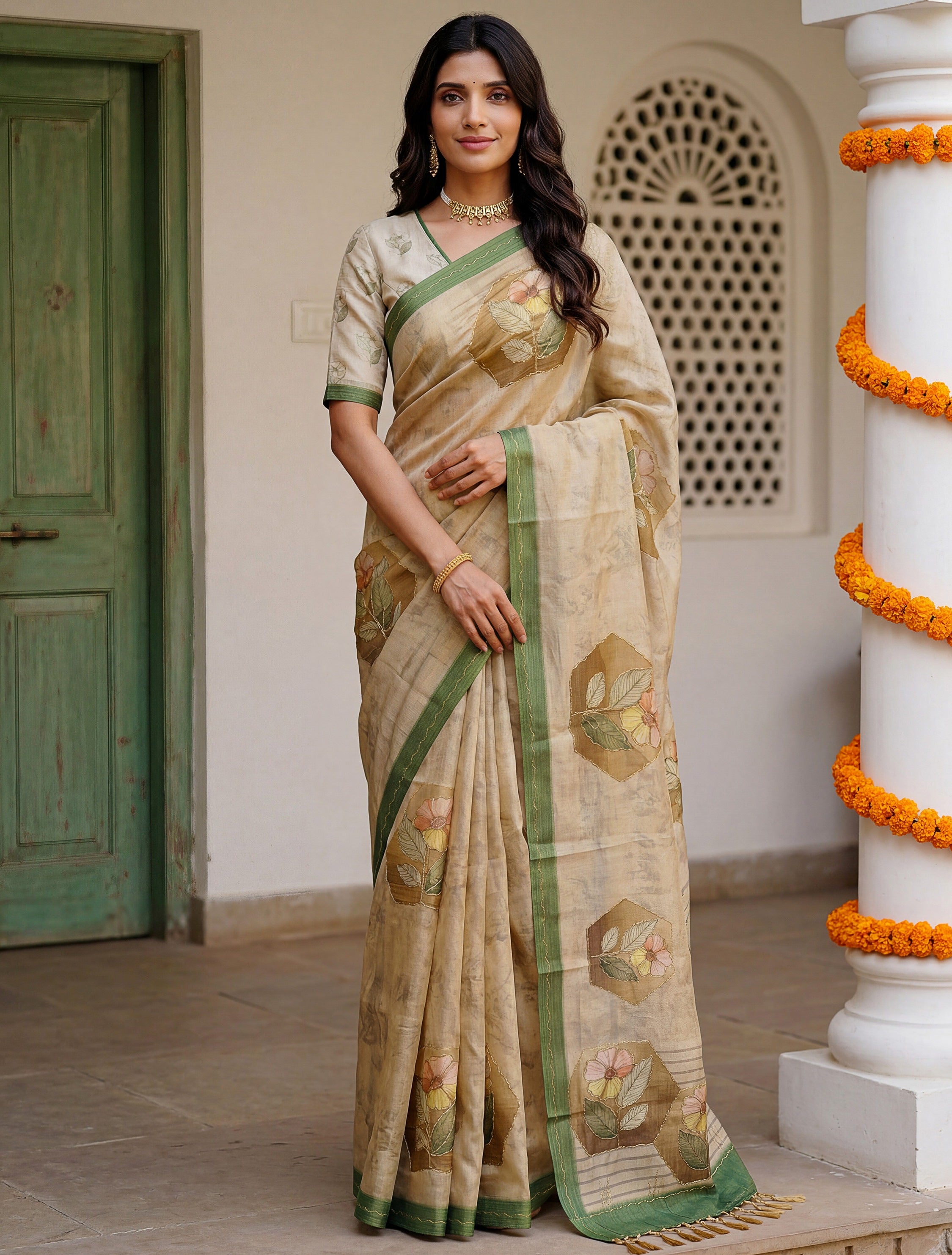 Adorable Beige Floral Printed Silk Traditional Saree With Blouse
