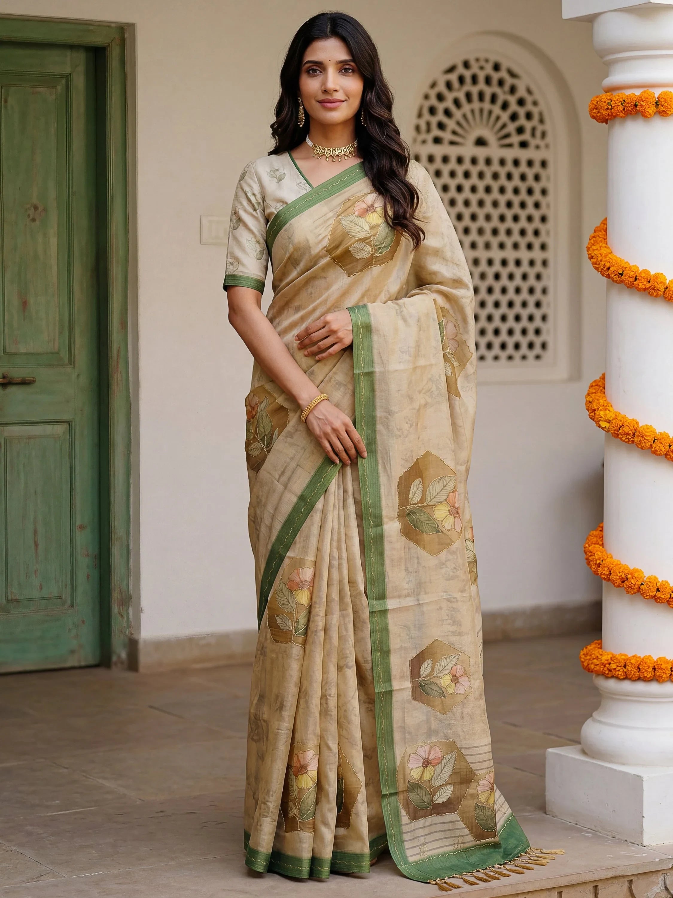 Adorable Beige Floral Printed Silk Traditional Saree With Blouse