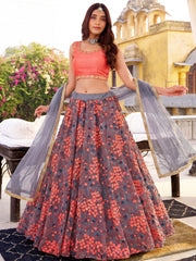 Impressive Grey Embroidered Net Wedding Wear Plus Size Lehenga Choli