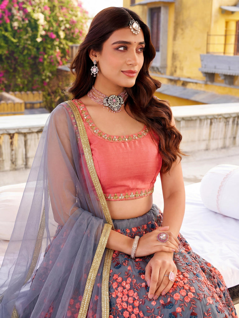 Incredible Grey Embroidered Net Festival Wear Lehenga Choli