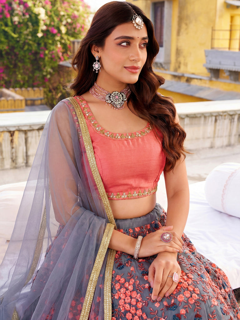 Impressive Grey Embroidered Net Wedding Wear Plus Size Lehenga Choli