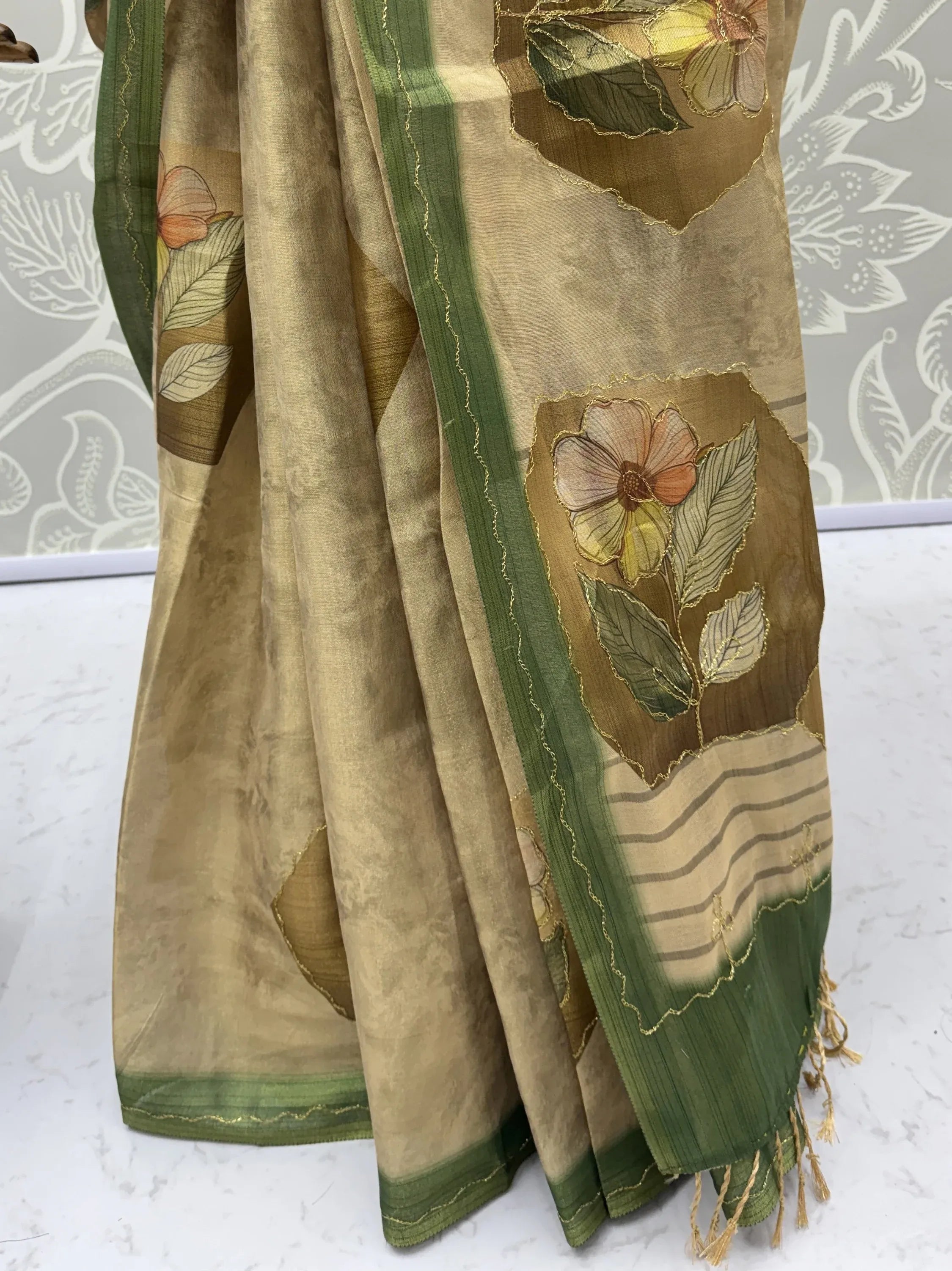 Adorable Beige Floral Printed Silk Traditional Saree With Blouse