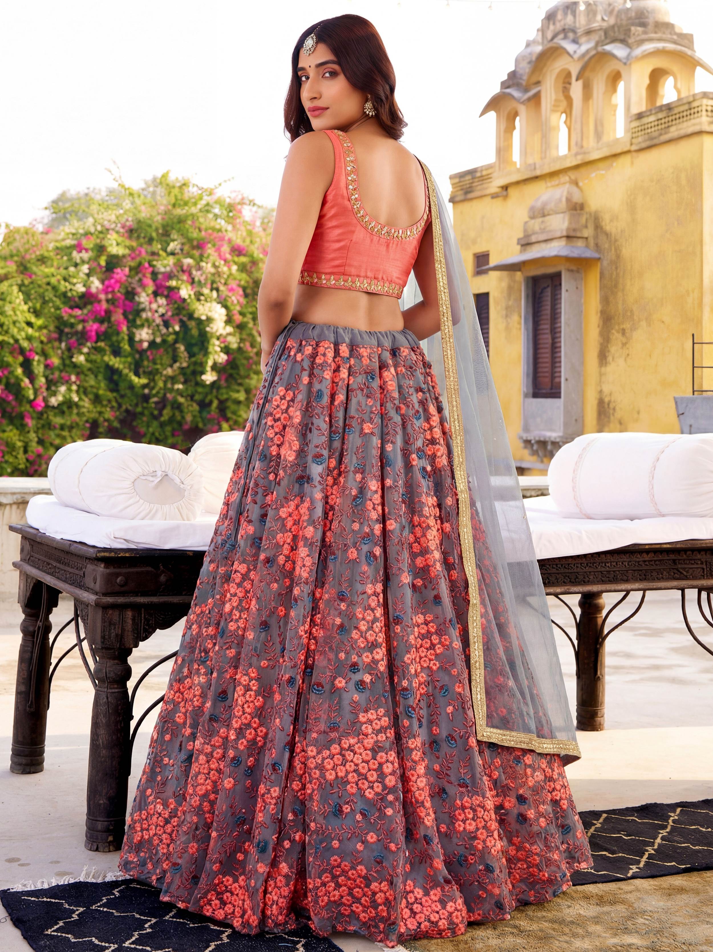 Incredible Grey Embroidered Net Festival Wear Lehenga Choli