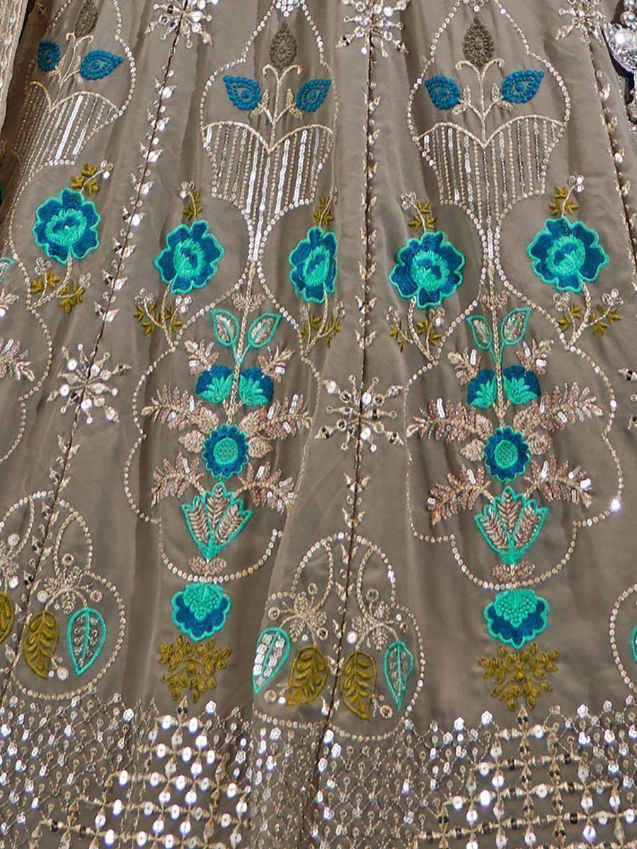 Grey lehenga with turquoise floral embroidery and sequin detailing, Indian ethnic wear