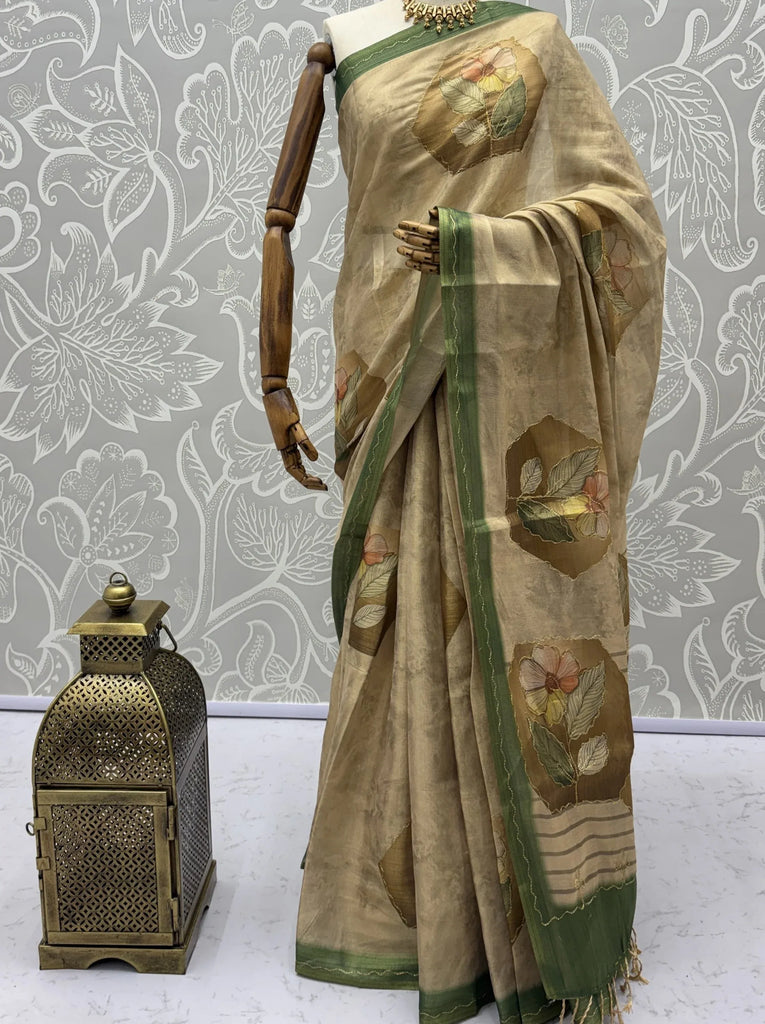 Adorable Beige Floral Printed Silk Traditional Saree With Blouse