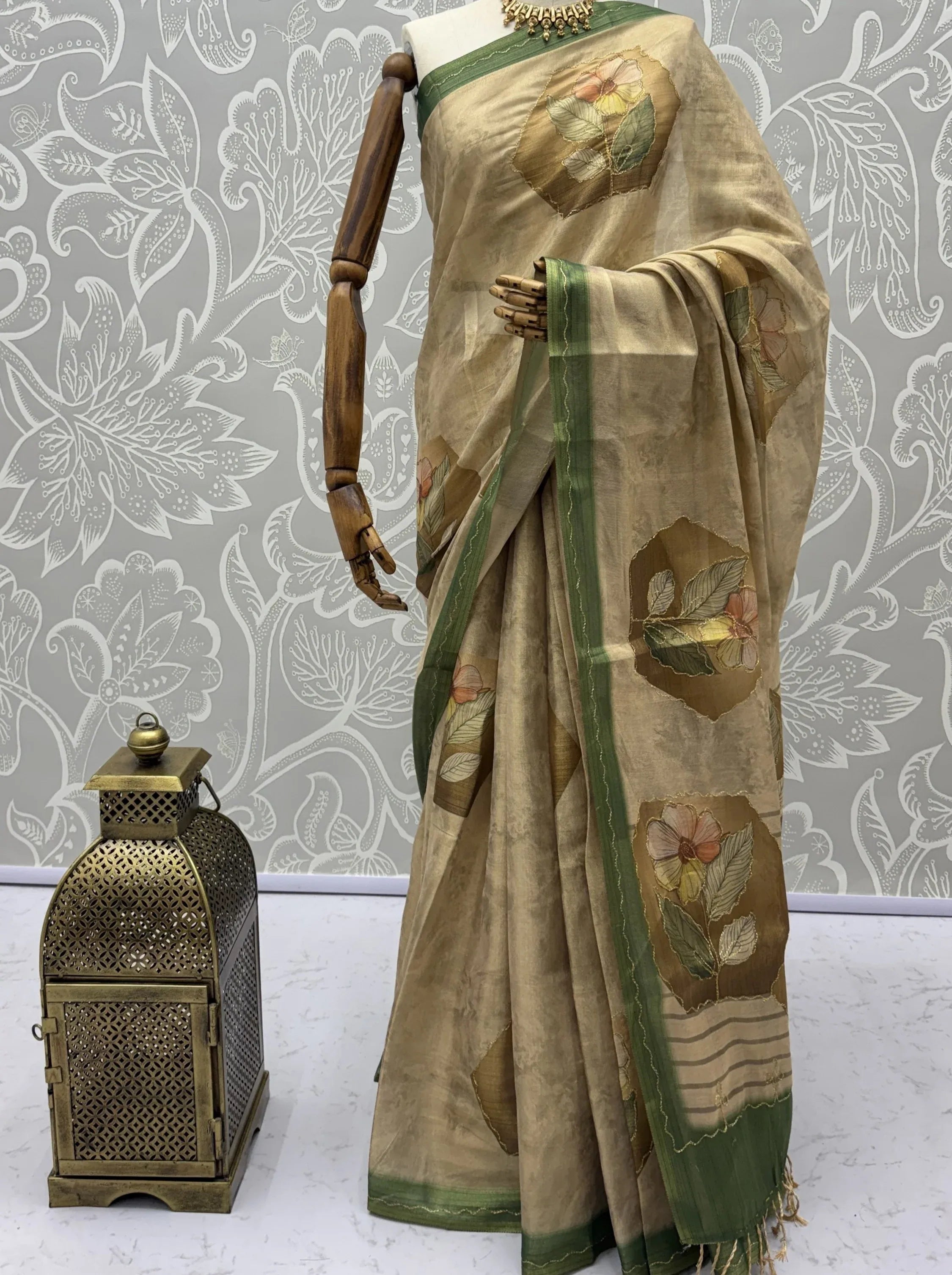 Adorable Beige Floral Printed Silk Traditional Saree With Blouse