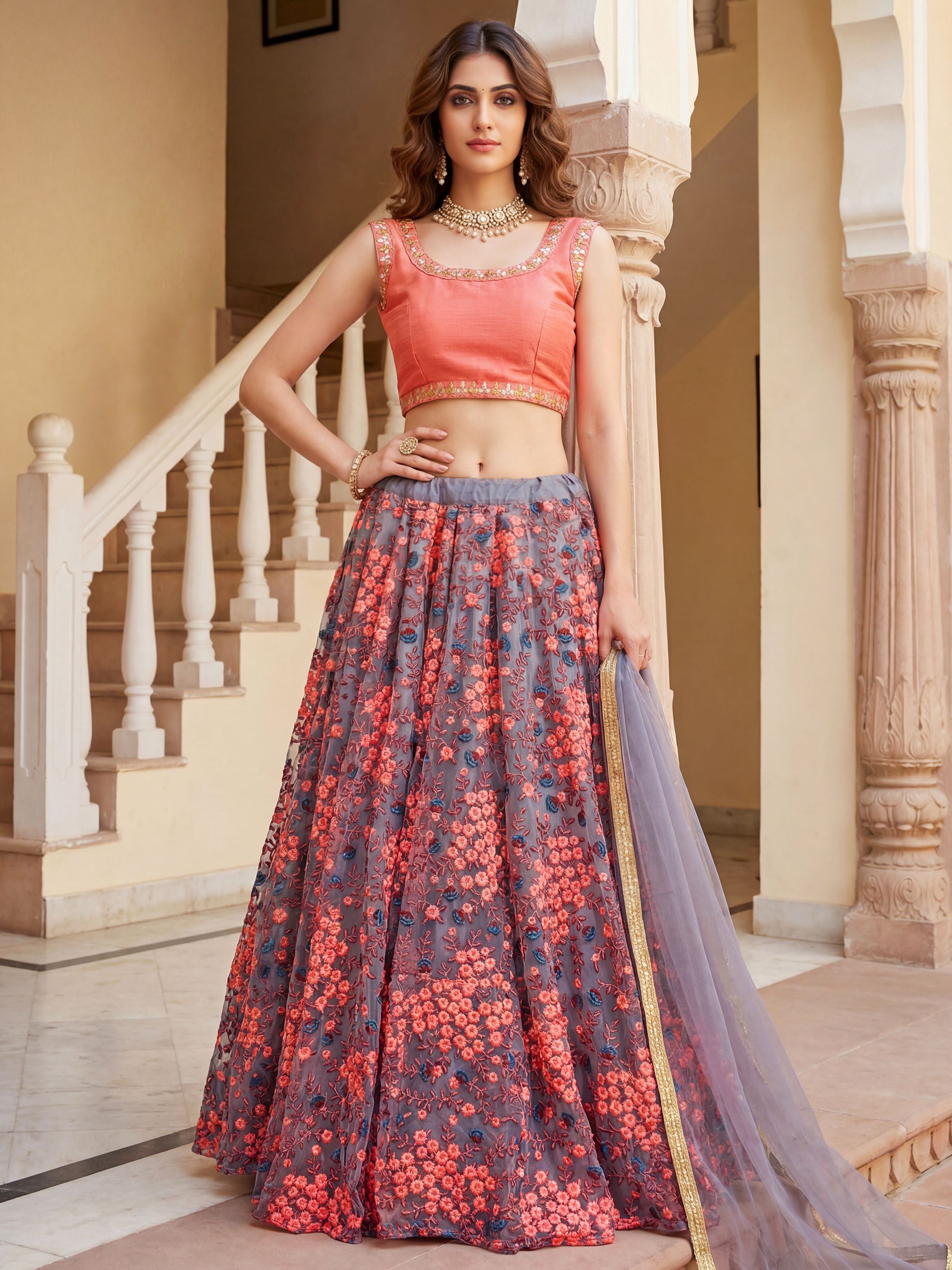 Graceful Grey Embroidered Net Festive Wear Lehenga Choli 