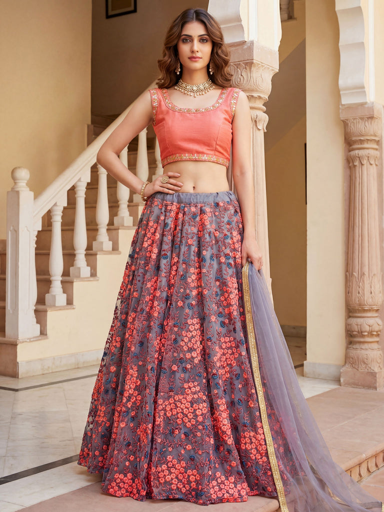 Graceful Grey Embroidered Net Festive Wear Lehenga Choli 