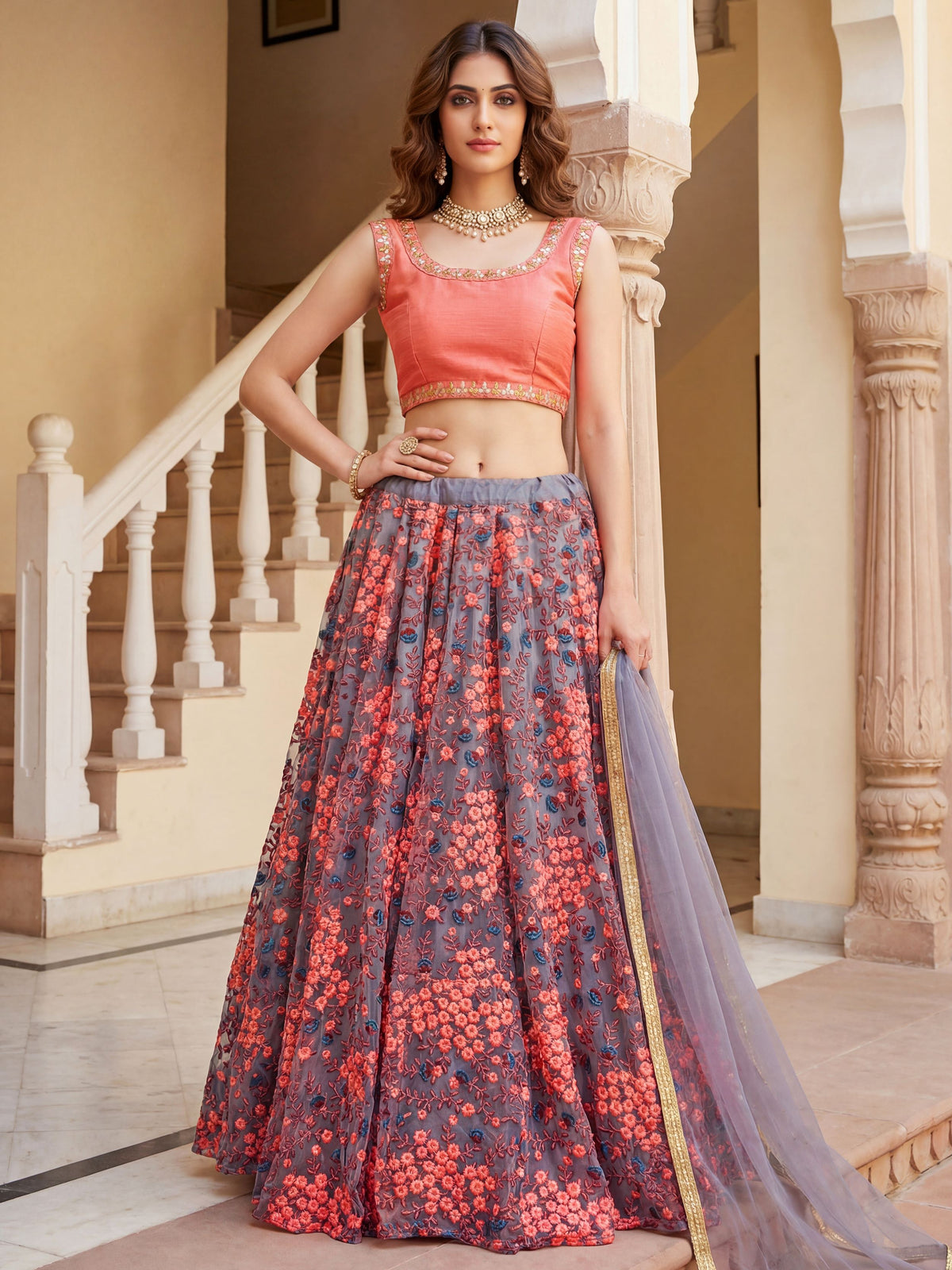 Graceful Grey Embroidered Net Festive Wear Lehenga Choli 