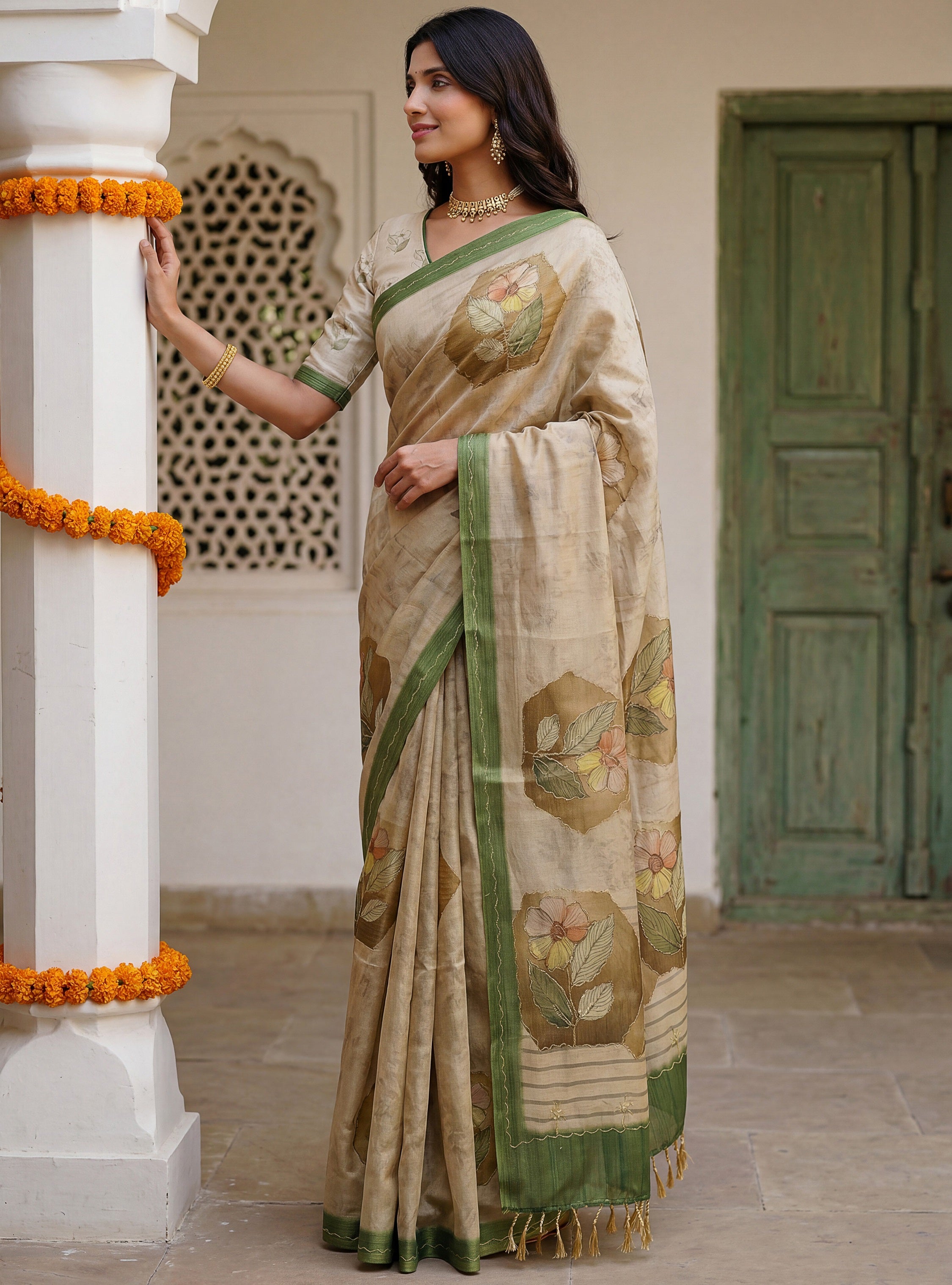 Adorable Beige Floral Printed Silk Traditional Saree With Blouse