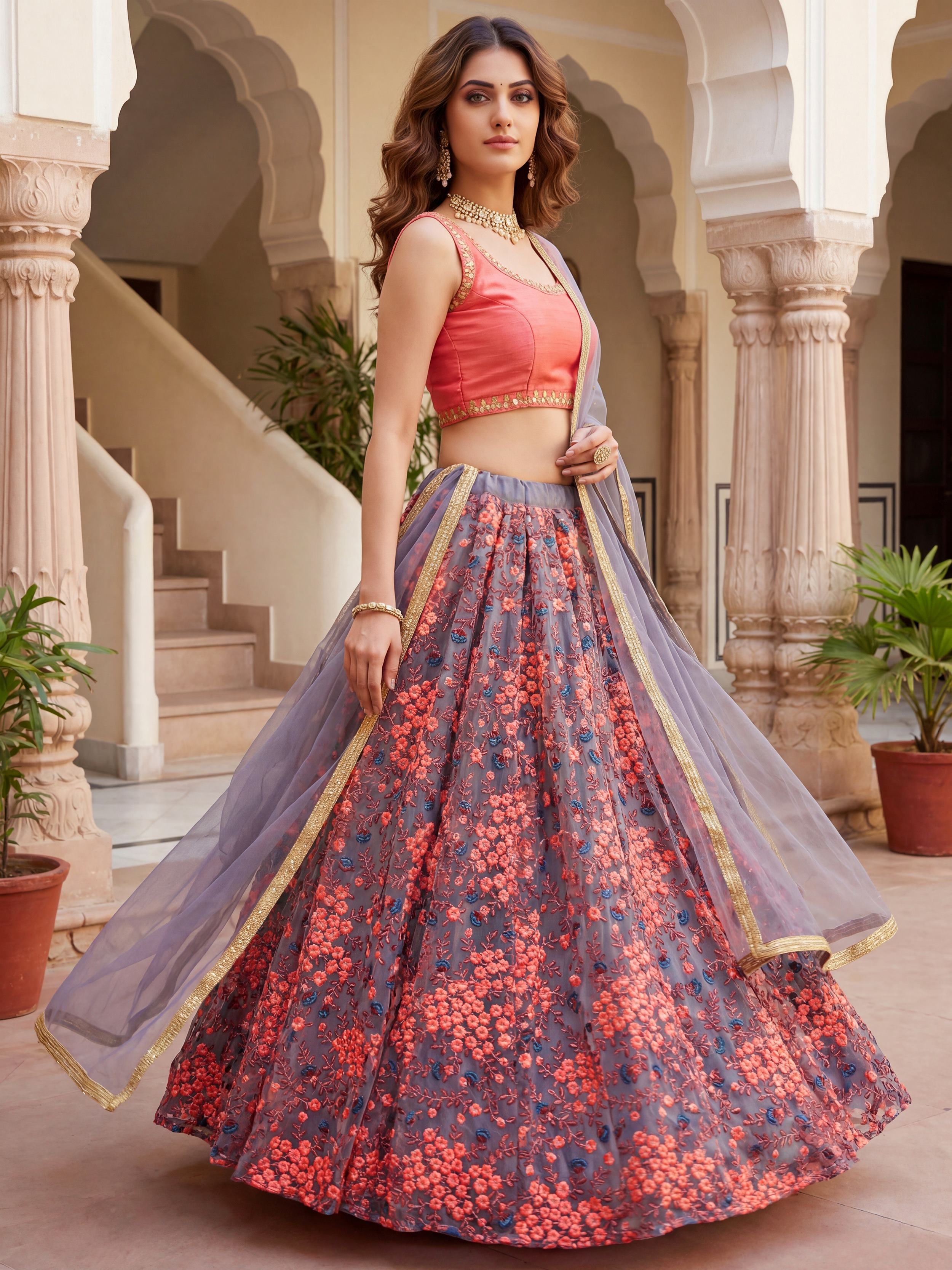 Graceful Grey Embroidered Net Festive Wear Lehenga Choli 