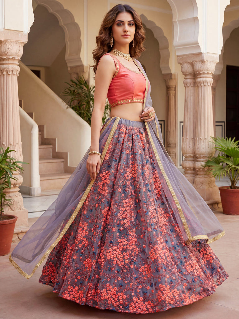 Graceful Grey Embroidered Net Festive Wear Lehenga Choli 