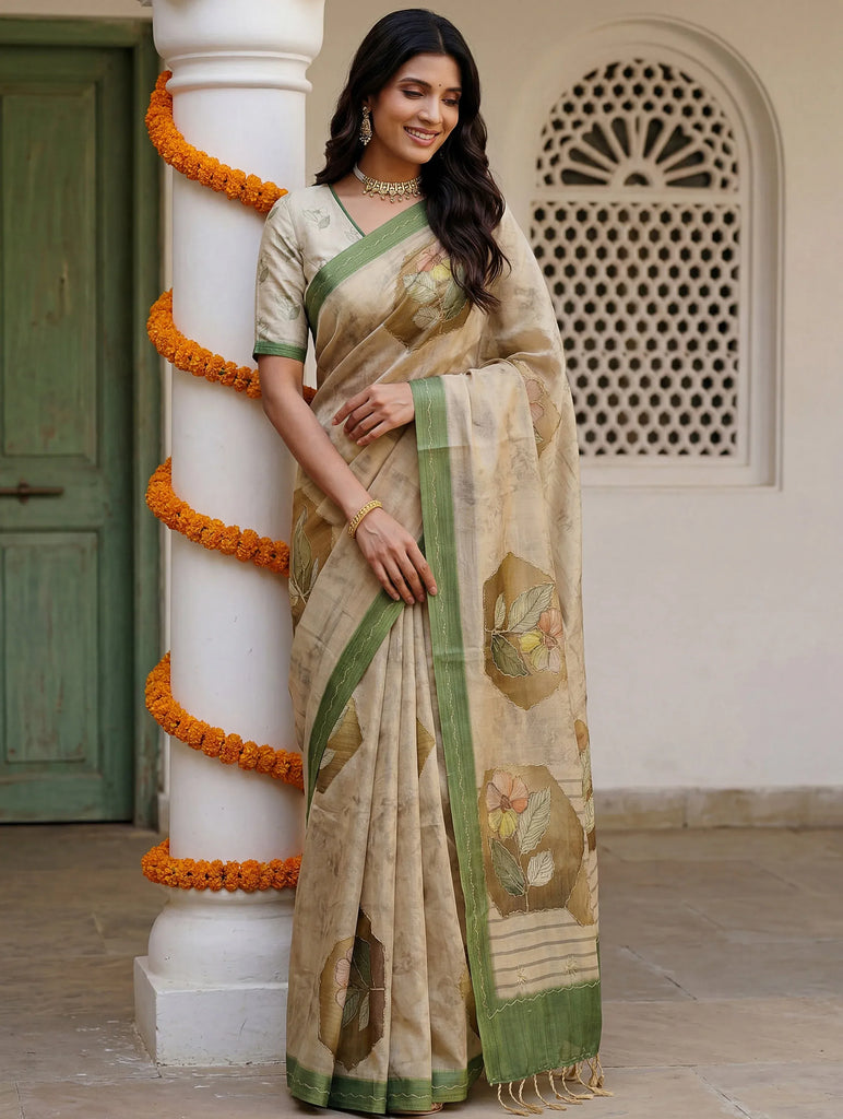 Adorable Beige Floral Printed Silk Traditional Saree With Blouse