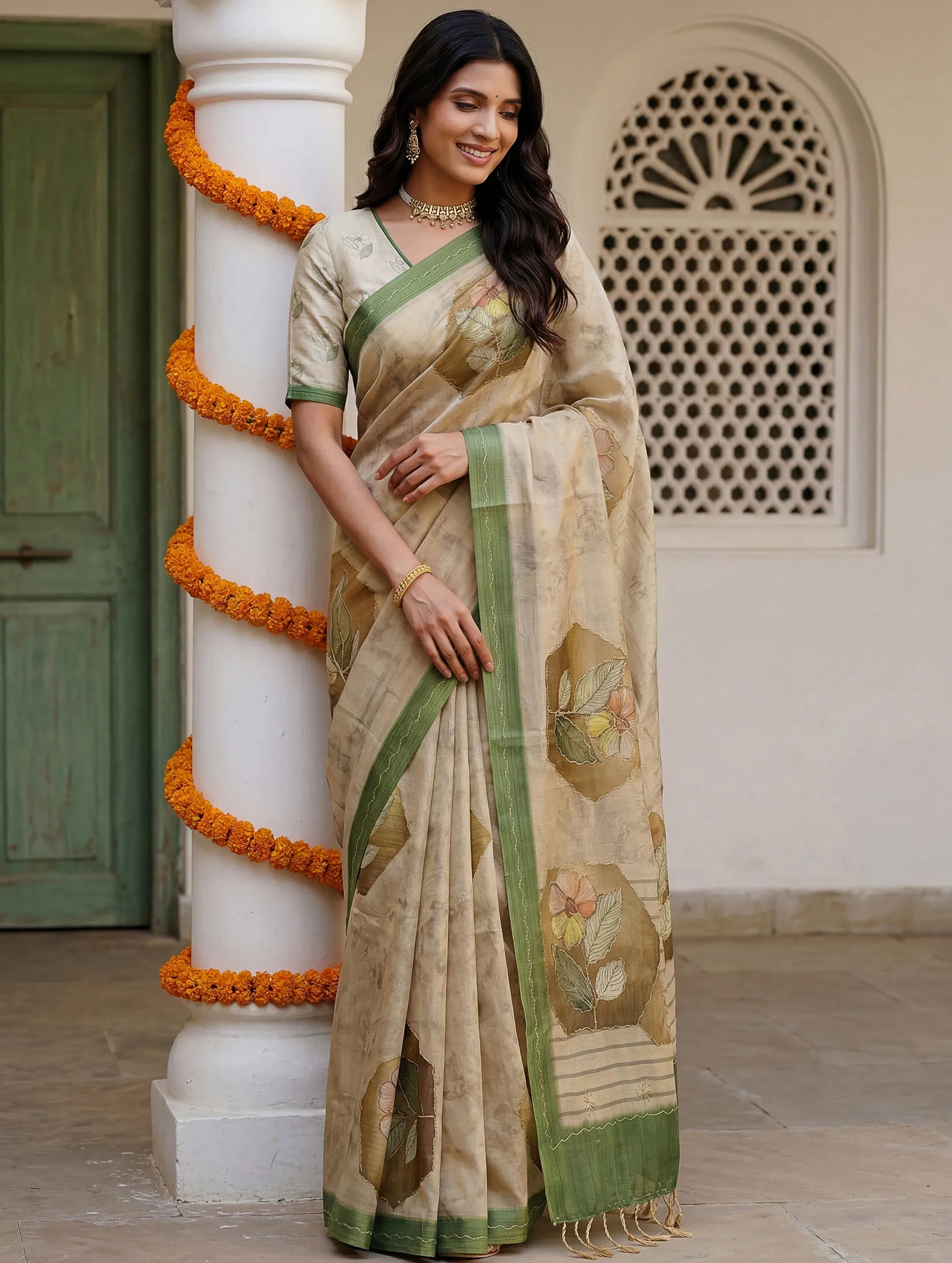 Adorable Beige Floral Printed Silk Traditional Saree With Blouse