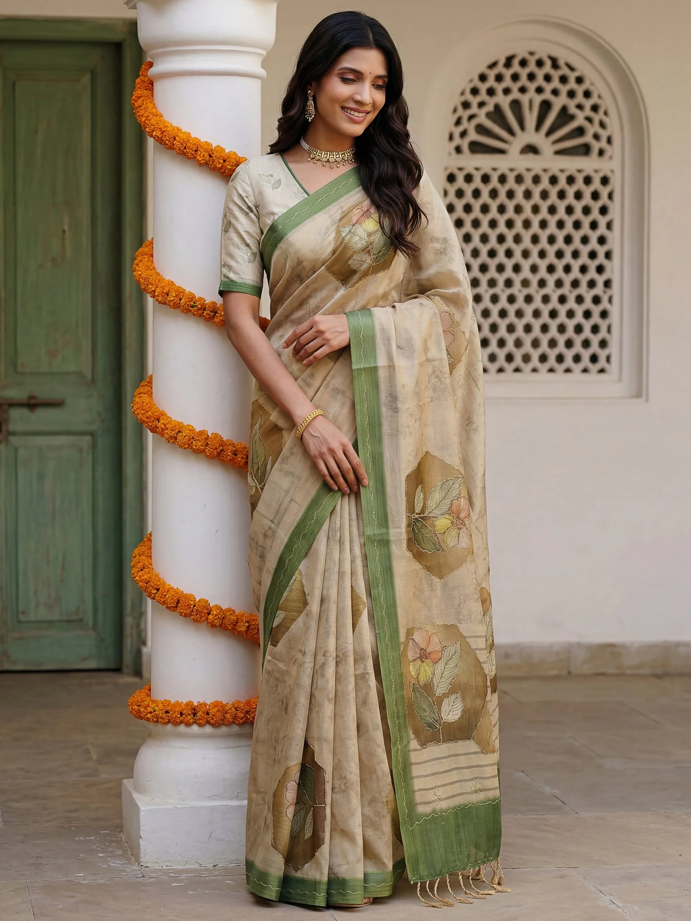 Adorable Beige Floral Printed Silk Traditional Saree With Blouse