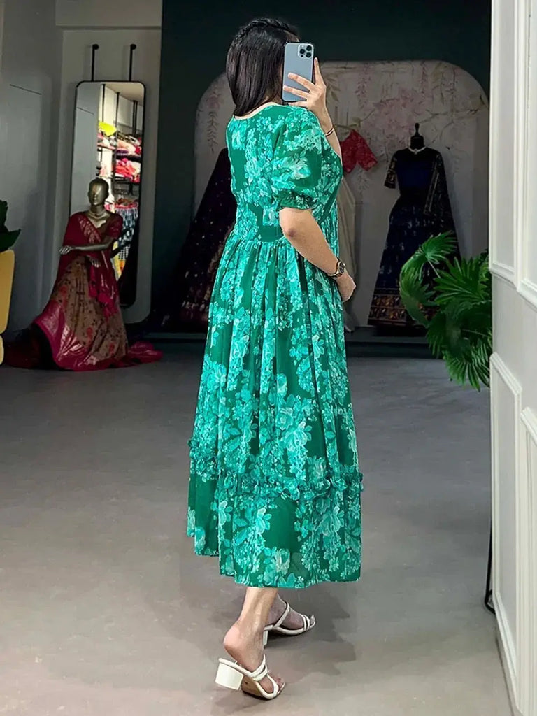 Incredible Green Floral Printed Georgette Festival Wear Dresses