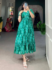 Incredible Green Floral Printed Georgette Festival Wear Dresses