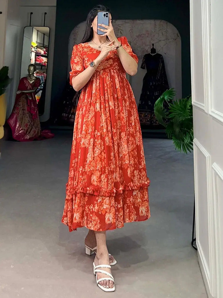 Astonishing Orange Floral Printed Georgette Event Wear Dresses