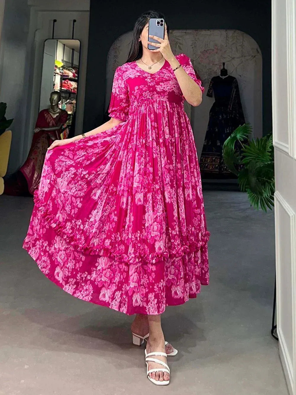 Pink floral ethnic gown with ruffled layers, perfect for festive occasions and Indian wear