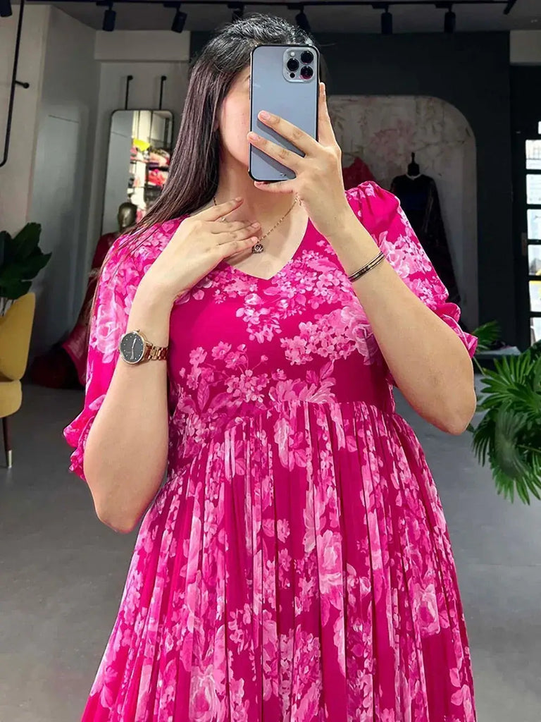 Excellent Pink Floral Printed Georgette Party Wear Dresses